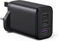 65W GaN Charger with Braided USB-C Cable Included, 3-Port Fast Wall Charger (2 USB-C + 1 USB-A), PD 3.0 & PPS for MacBook, iPad, Samsung, iPhone 18/17/16
