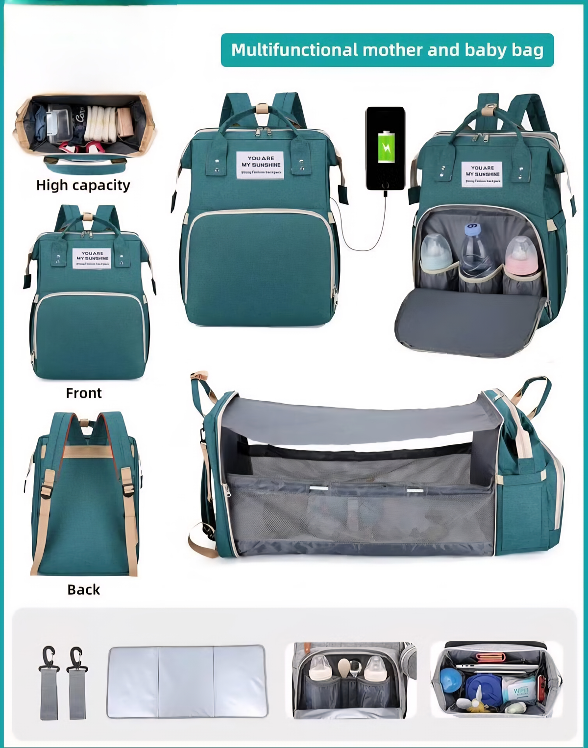 3-in-1 Baby Diaper Bag with Crib & Trolley Hook