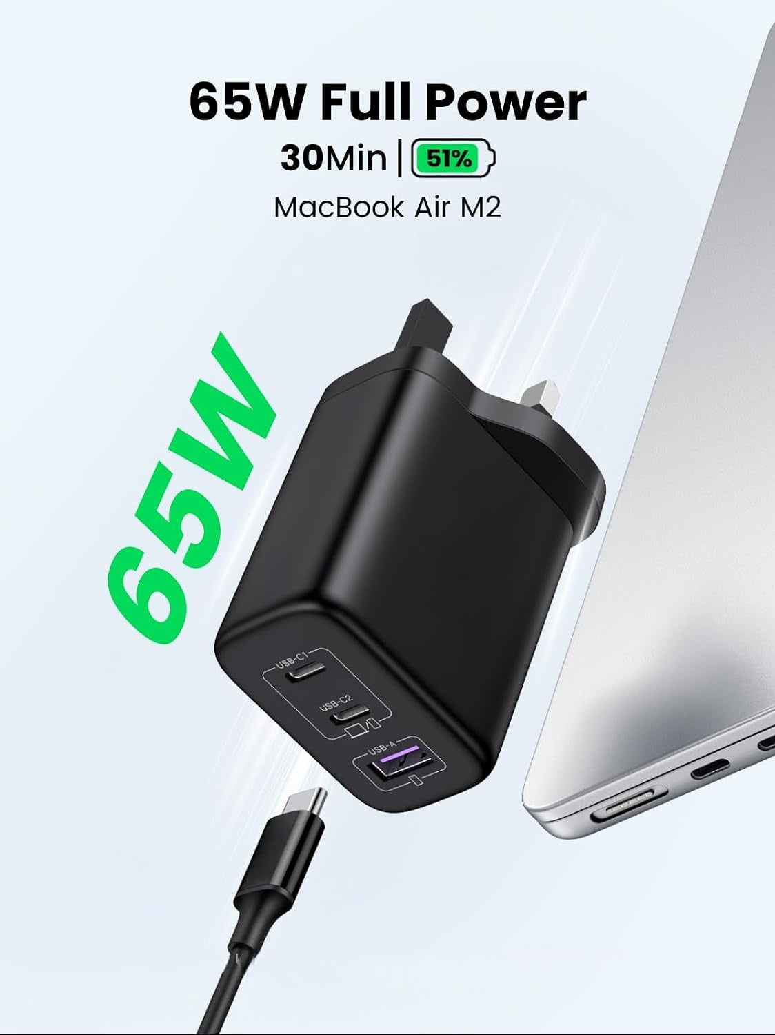 65W GaN Charger with Braided USB-C Cable Included, 3-Port Fast Wall Charger (2 USB-C + 1 USB-A), PD 3.0 & PPS for MacBook, iPad, Samsung, iPhone 18/17/16