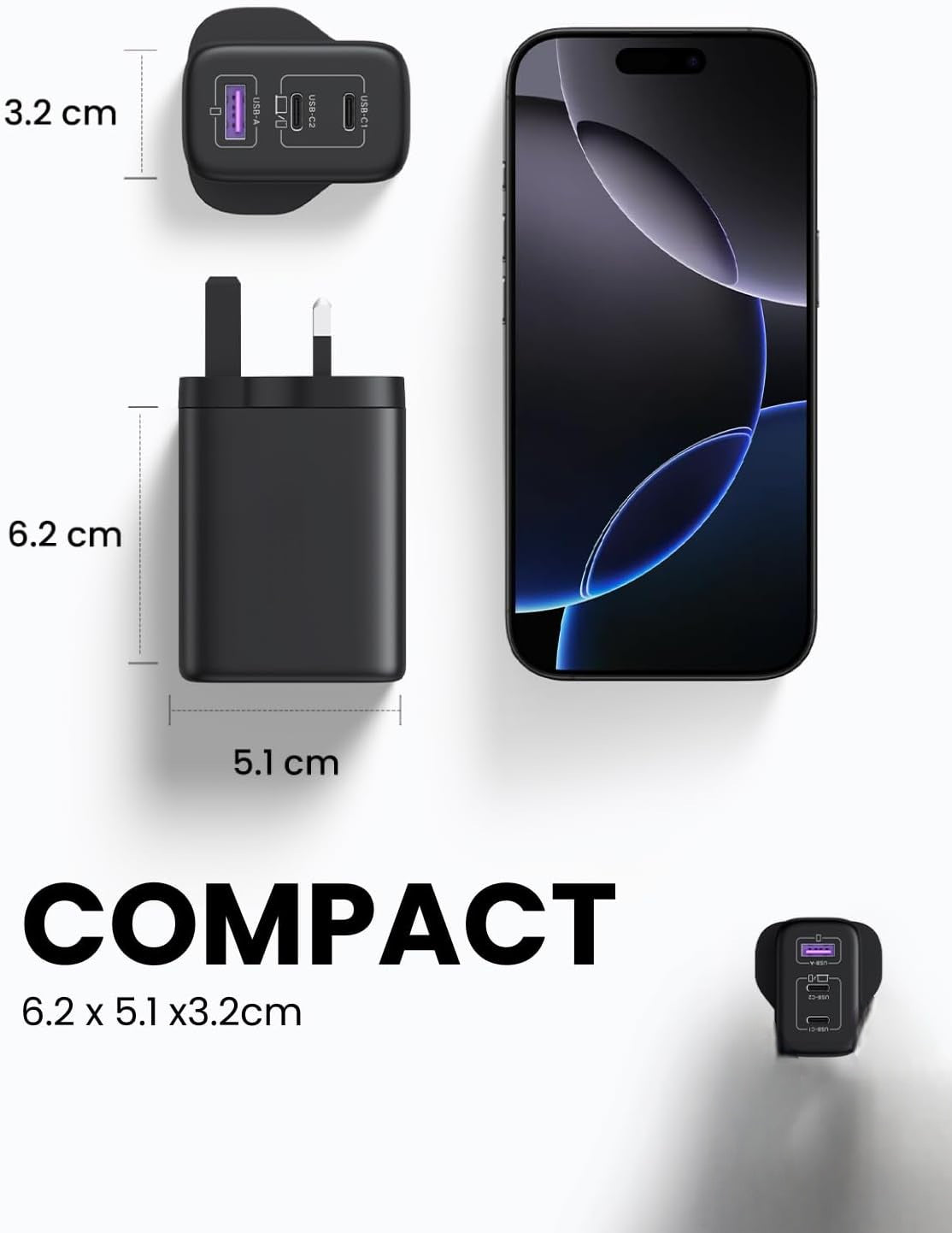 65W GaN Charger with Braided USB-C Cable Included, 3-Port Fast Wall Charger (2 USB-C + 1 USB-A), PD 3.0 & PPS for MacBook, iPad, Samsung, iPhone 18/17/16