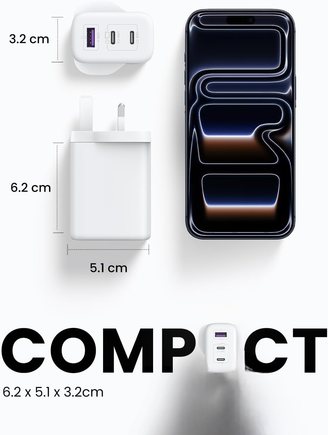 65W GaN Charger with Braided USB-C Cable Included, 3-Port Fast Wall Charger (2 USB-C + 1 USB-A), PD 3.0 & PPS for MacBook, iPad, Samsung, iPhone 18/17/16