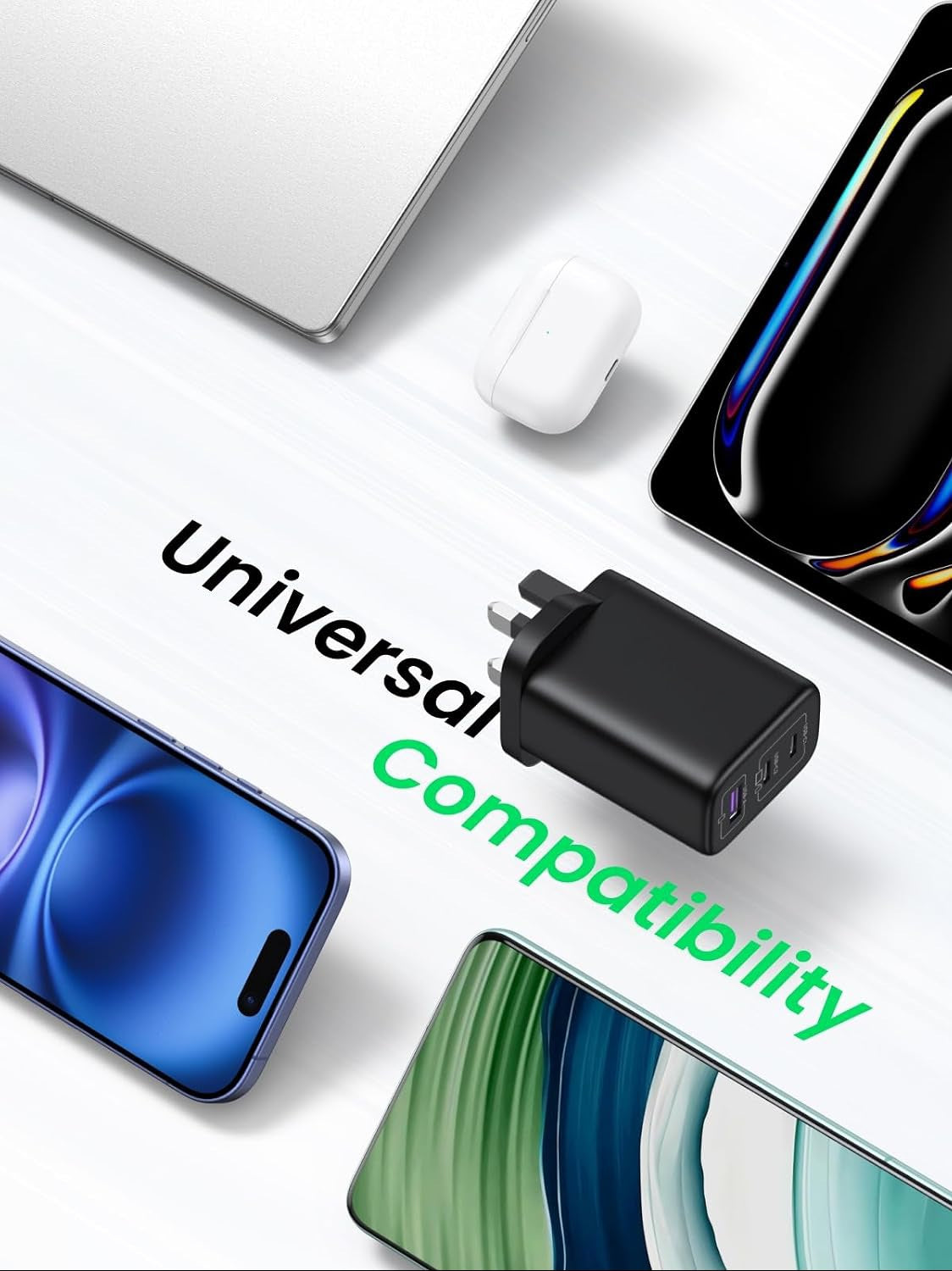 65W GaN Charger with Braided USB-C Cable Included, 3-Port Fast Wall Charger (2 USB-C + 1 USB-A), PD 3.0 & PPS for MacBook, iPad, Samsung, iPhone 18/17/16