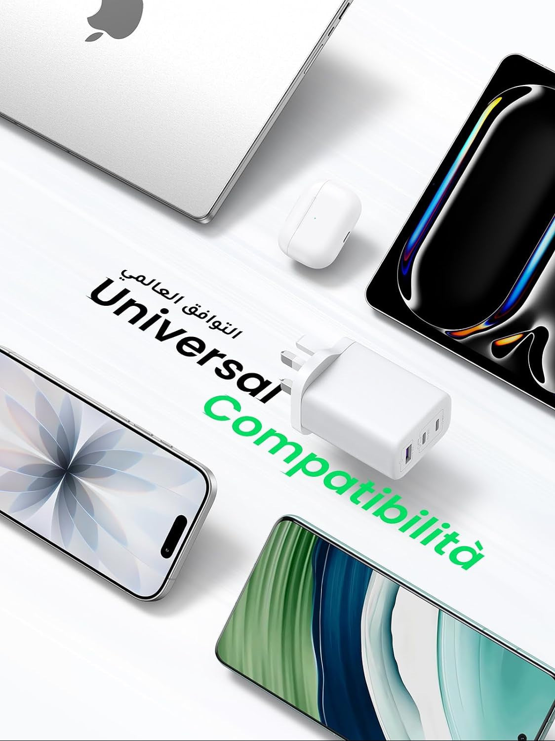 65W GaN Charger with Braided USB-C Cable Included, 3-Port Fast Wall Charger (2 USB-C + 1 USB-A), PD 3.0 & PPS for MacBook, iPad, Samsung, iPhone 18/17/16