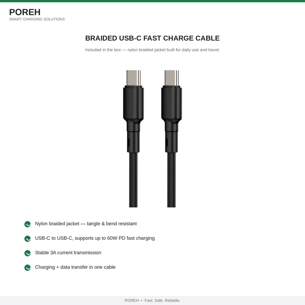 65W GaN Charger with Braided USB-C Cable Included, 3-Port Fast Wall Charger (2 USB-C + 1 USB-A), PD 3.0 & PPS for MacBook, iPad, Samsung, iPhone 18/17/16