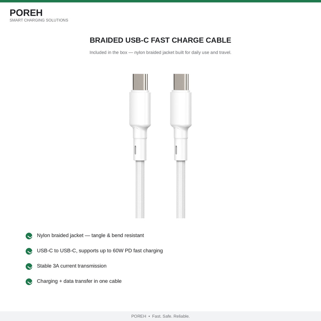 65W GaN Charger with Braided USB-C Cable Included, 3-Port Fast Wall Charger (2 USB-C + 1 USB-A), PD 3.0 & PPS for MacBook, iPad, Samsung, iPhone 18/17/16