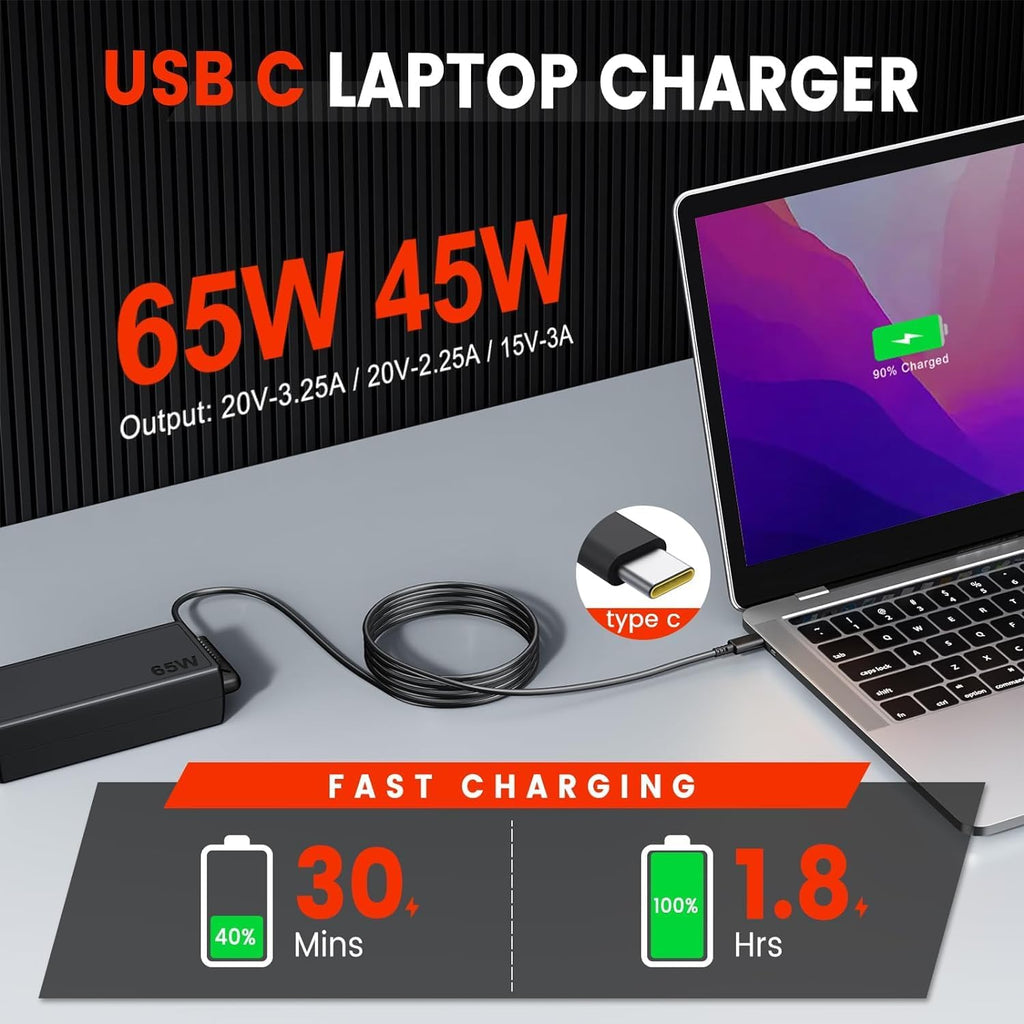 65W USB-C Laptop Charger – Type-C PD Fast Charging Adapter